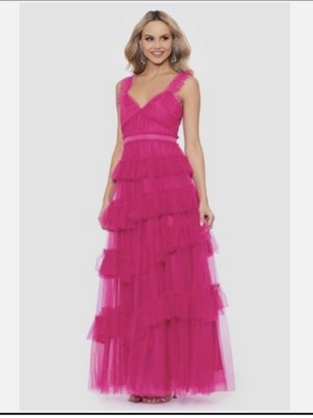 Betsy & Adam Hot Pink Tiered Tulle V-Neck Maxi Dress